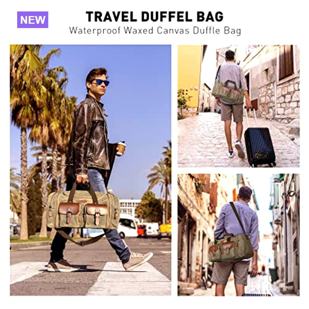 Waxed Canvas Waterproof Travel Duffel Bag 50L Weekender - Picture 3 of 6